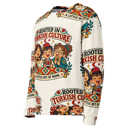 Rooted in Turkish Culture All-Over Print Recycled Unisex Sweatshirt, Roots & Talks - Left Front