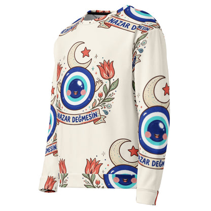 Nazar Değmesin All-Over Print Recycled Unisex Sweatshirt, Roots & Talks - Left Front