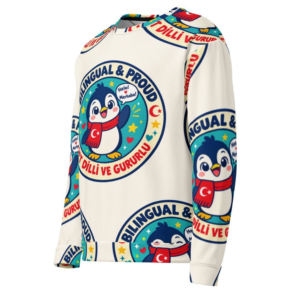 Bilingual & Proud All-Over Print Recycled Unisex Sweatshirt, Roots & Talks - Left Front
