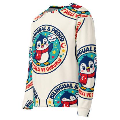 Bilingual & Proud All-Over Print Recycled Unisex Sweatshirt, Roots & Talks - Left Front