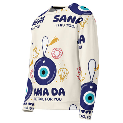 Sana Da All-Over Print Recycled Unisex Sweatshirt, Roots & Talks - Left Front