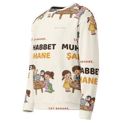 Çay Bahane, Muhabbet Şahane All-Over Print Recycled Unisex Sweatshirt, Roots & Talks - Left Front