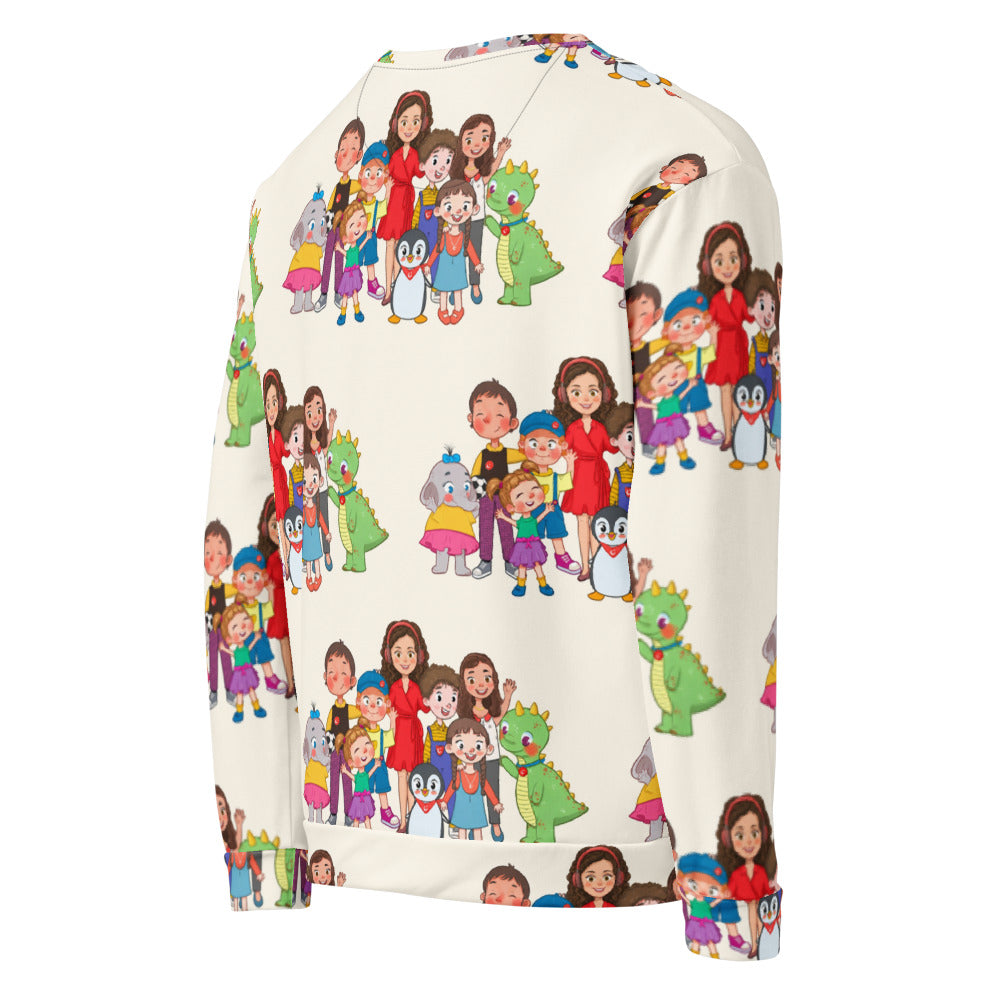 All the Characters Together All-Over Print Recycled Unisex Sweatshirt, Roots & Talks - product photo
