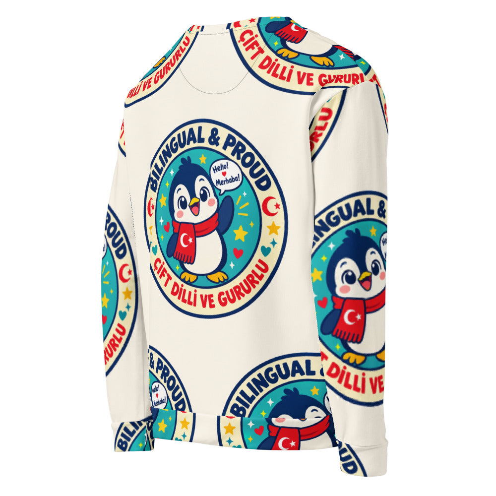 Bilingual & Proud All-Over Print Recycled Unisex Sweatshirt, Roots & Talks - product photo