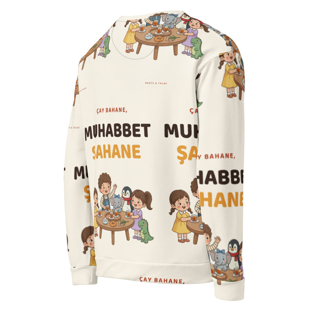 Çay Bahane, Muhabbet Şahane All-Over Print Recycled Unisex Sweatshirt, Roots & Talks - product photo