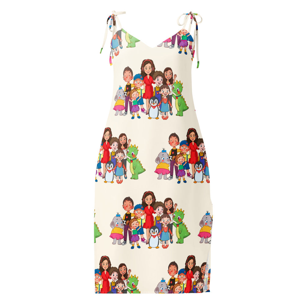 All the Characters Together All-Over Print Slip Dress, Roots & Talks - Front