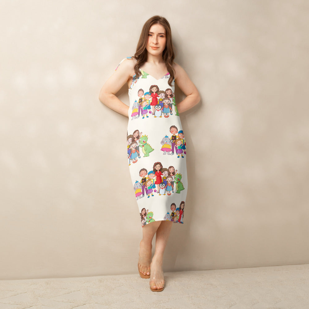 All the Characters Together All-Over Print Slip Dress, Roots & Talks - lifestyle photo 1