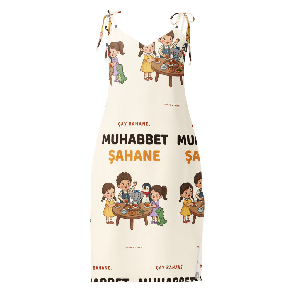 Çay Bahane, Muhabbet Şahane All-Over Print Slip Dress, Roots & Talks - Front
