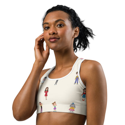 Roots & Talks Characters All-Over Print Sports Bra - Front 2