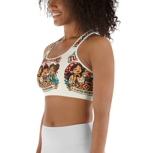 Rooted in Turkish Culture All-Over Print Sports Bra, Roots & Talks - lifestyle photo 3