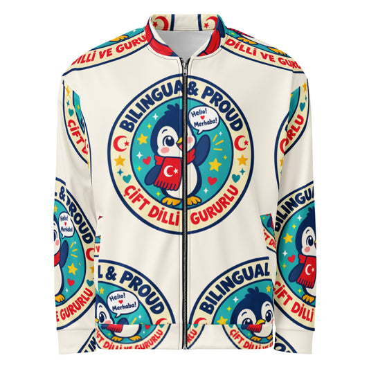 Bilingual & Proud All-Over Print Unisex Bomber Jacket, Roots & Talks - product photo