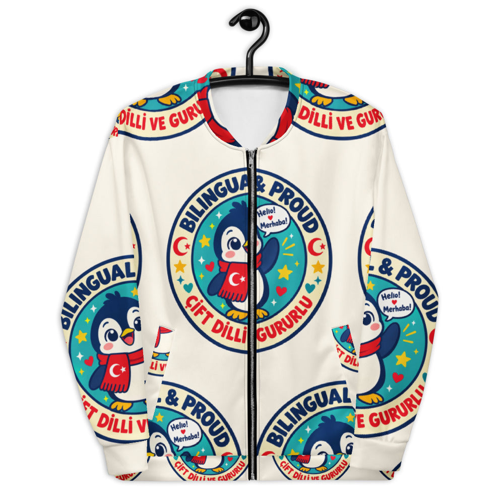 Bilingual & Proud All-Over Print Unisex Bomber Jacket, Roots & Talks - lifestyle photo 2