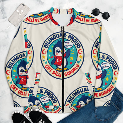 Bilingual & Proud All-Over Print Unisex Bomber Jacket, Roots & Talks - lifestyle photo 1