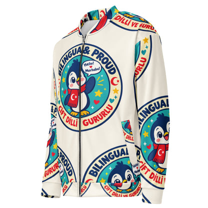 Bilingual & Proud All-Over Print Unisex Bomber Jacket, Roots & Talks - product photo