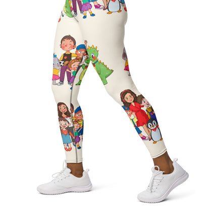 All the Characters Together All-Over Print Yoga Leggings, Roots & Talks - Left
