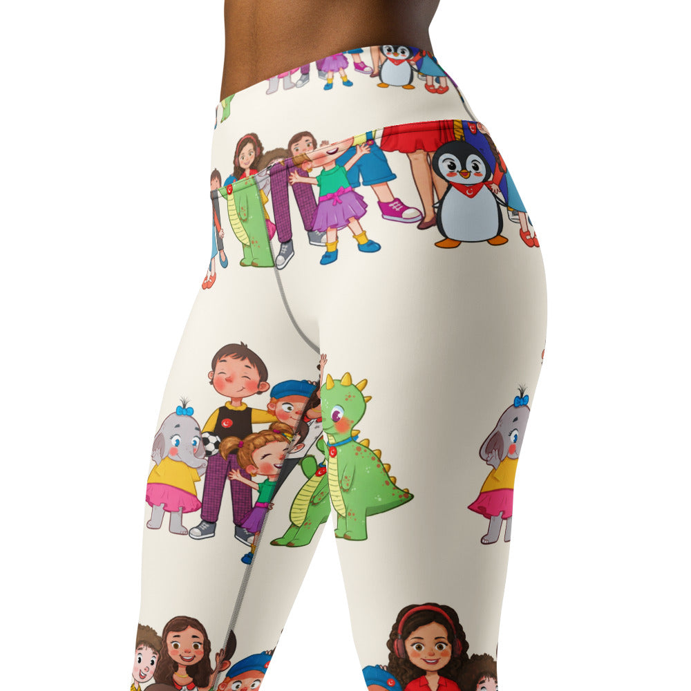 All the Characters Together All-Over Print Yoga Leggings, Roots & Talks - Left Front
