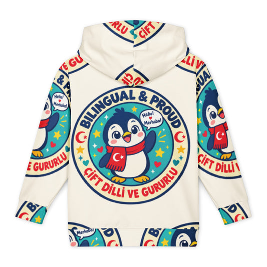 Bilingual & Proud All-Over Print Youth Hoodie (Youth Sizes 14–20), Roots & Talks - Back