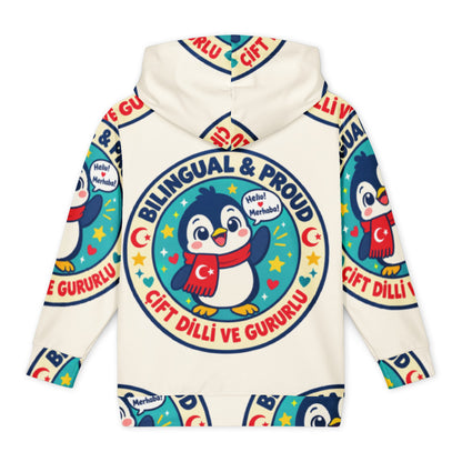 Bilingual & Proud All-Over Print Youth Hoodie (Youth Sizes 14–20), Roots & Talks - Back