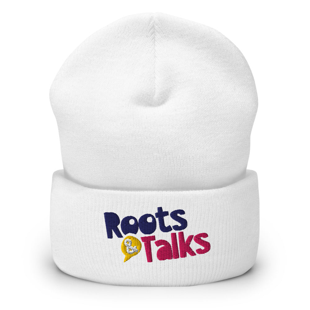 Roots & Talks Logo Embroidered Cuffed Beanie - White