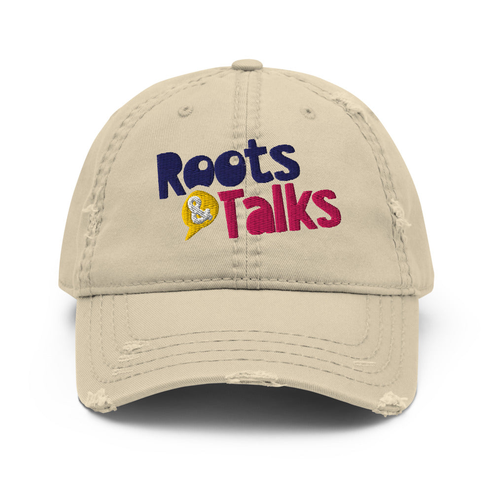 Roots & Talks Logo Embroidered Distressed Dad Hat, Khaki - product photo