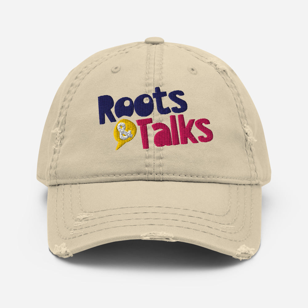 Roots & Talks Logo Embroidered Distressed Dad Hat, Khaki - lifestyle photo 1