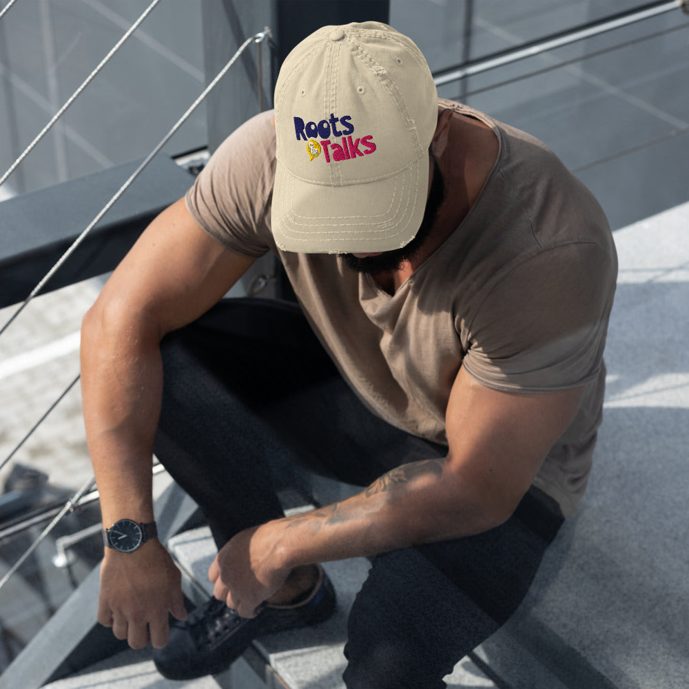 Roots & Talks Logo Embroidered Distressed Dad Hat, Khaki - lifestyle photo 2