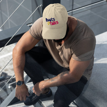Roots & Talks Logo Embroidered Distressed Dad Hat, Khaki - lifestyle photo 2
