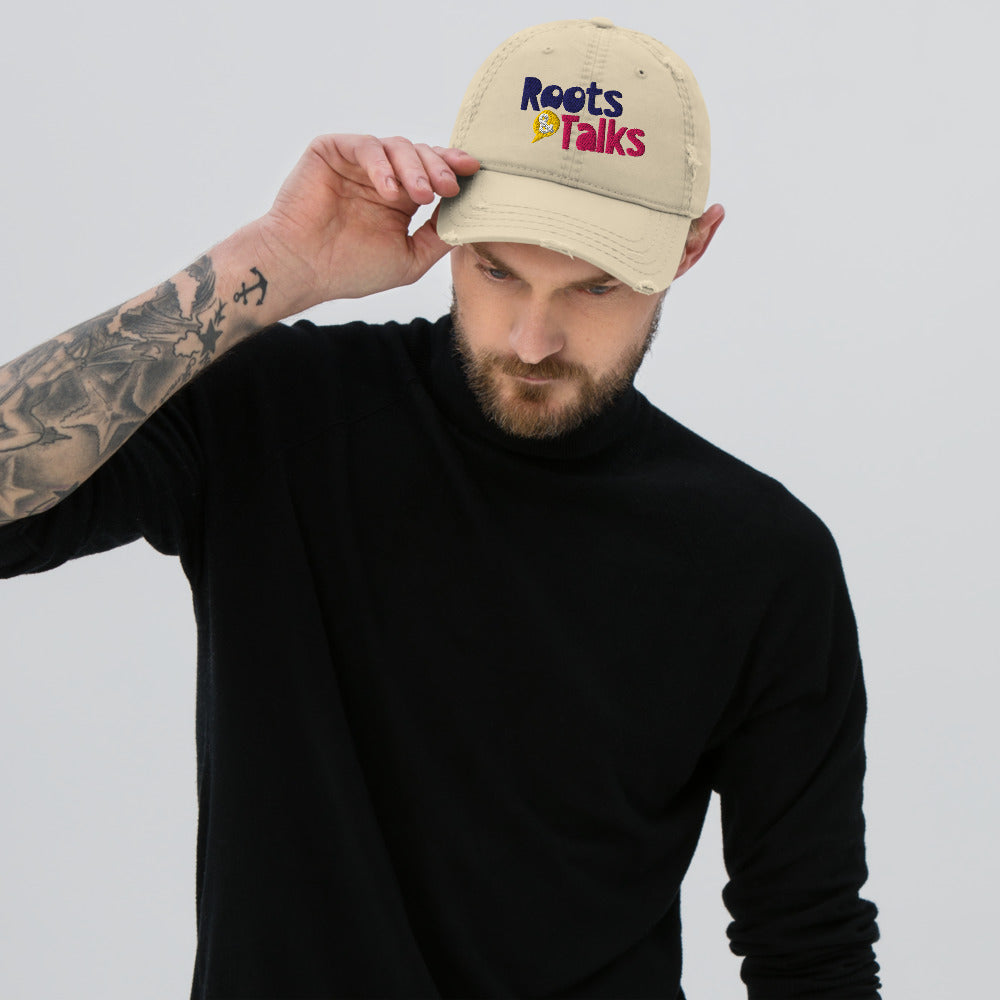 Roots & Talks Logo Embroidered Distressed Dad Hat, Khaki - lifestyle photo 3