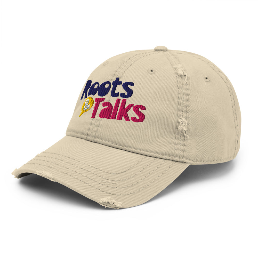 Roots & Talks Logo Embroidered Distressed Dad Hat, Khaki - Left Front