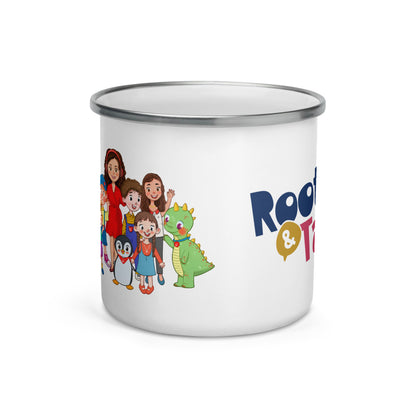 All the Characters Together Enamel Camp Mug, 12 oz, Roots & Talks - Front