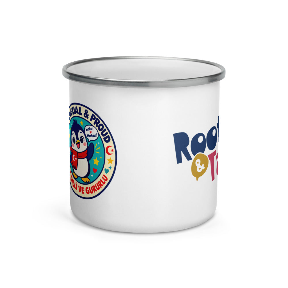 Bilingual & Proud Enamel Camp Mug, 12 oz, Roots & Talks - Front