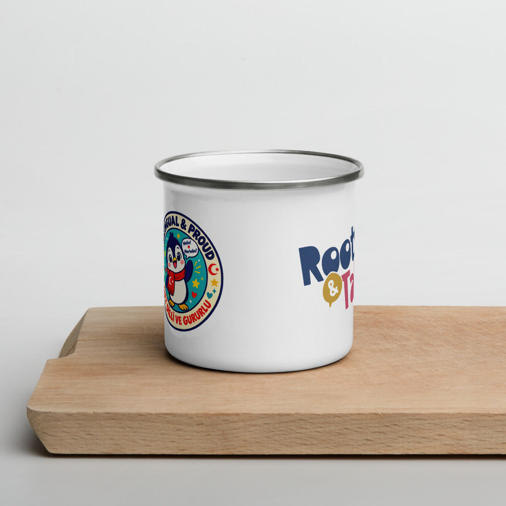 Bilingual & Proud Enamel Camp Mug, 12 oz, Roots & Talks - lifestyle photo 1