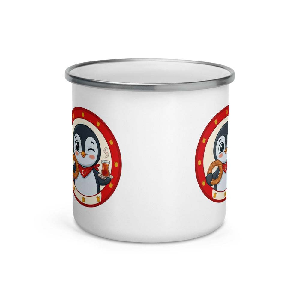 Simit and Tea Badge Enamel Camp Mug, 12 oz, Roots & Talks - Front