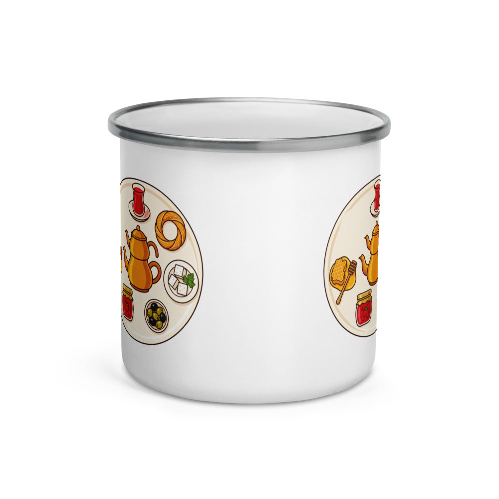 Turkish Breakfast Table Enamel Camp Mug, 12 oz, Roots & Talks - Front