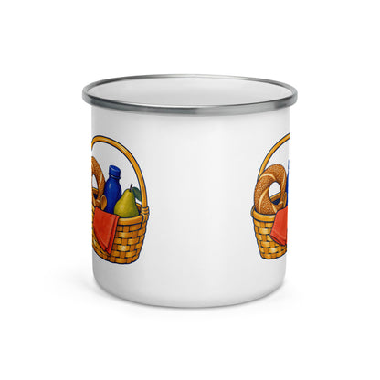 Picnic Basket Enamel Camp Mug, 12 oz, Roots & Talks - Front