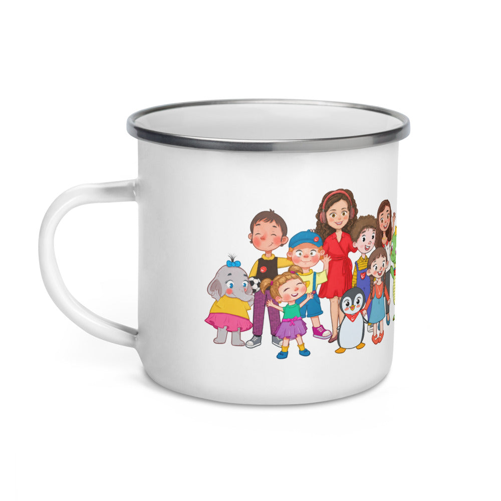 All the Characters Together Enamel Camp Mug, 12 oz, Roots & Talks - Left