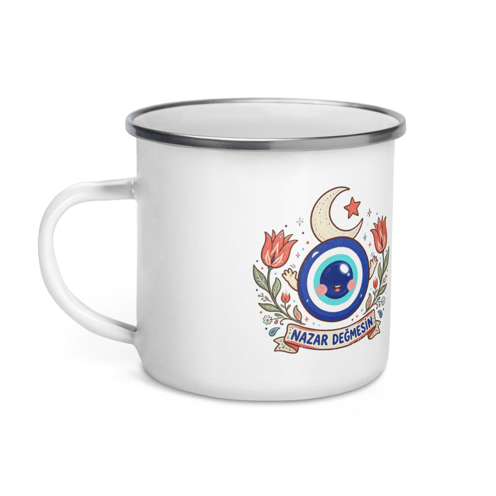 Nazar Değmesin Enamel Camp Mug, 12 oz, Roots & Talks - Left