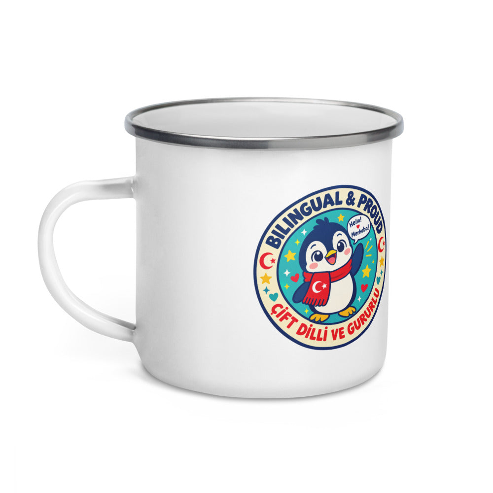 Bilingual & Proud Enamel Camp Mug, 12 oz, Roots & Talks - Left