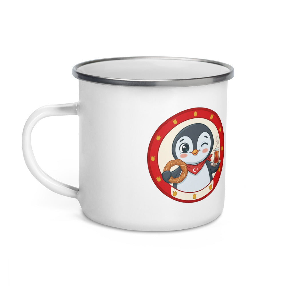 Simit and Tea Badge Enamel Camp Mug, 12 oz, Roots & Talks - Left