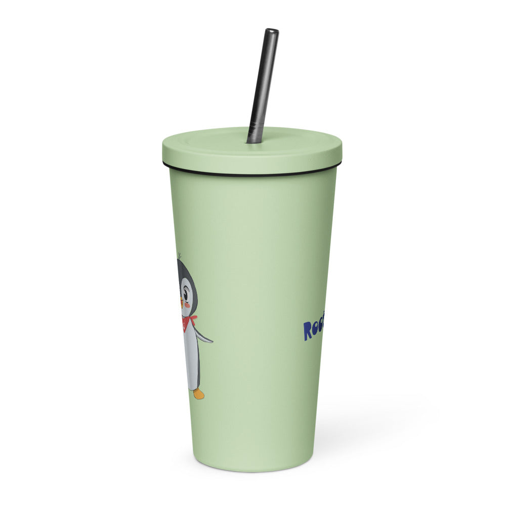 Pingucan Penguin Insulated Tumbler with Straw, 20 oz, Roots & Talks - Mint
