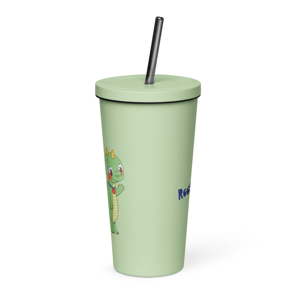 Dino Dinosaur Insulated Tumbler with Straw, 20 oz, Roots & Talks - Mint