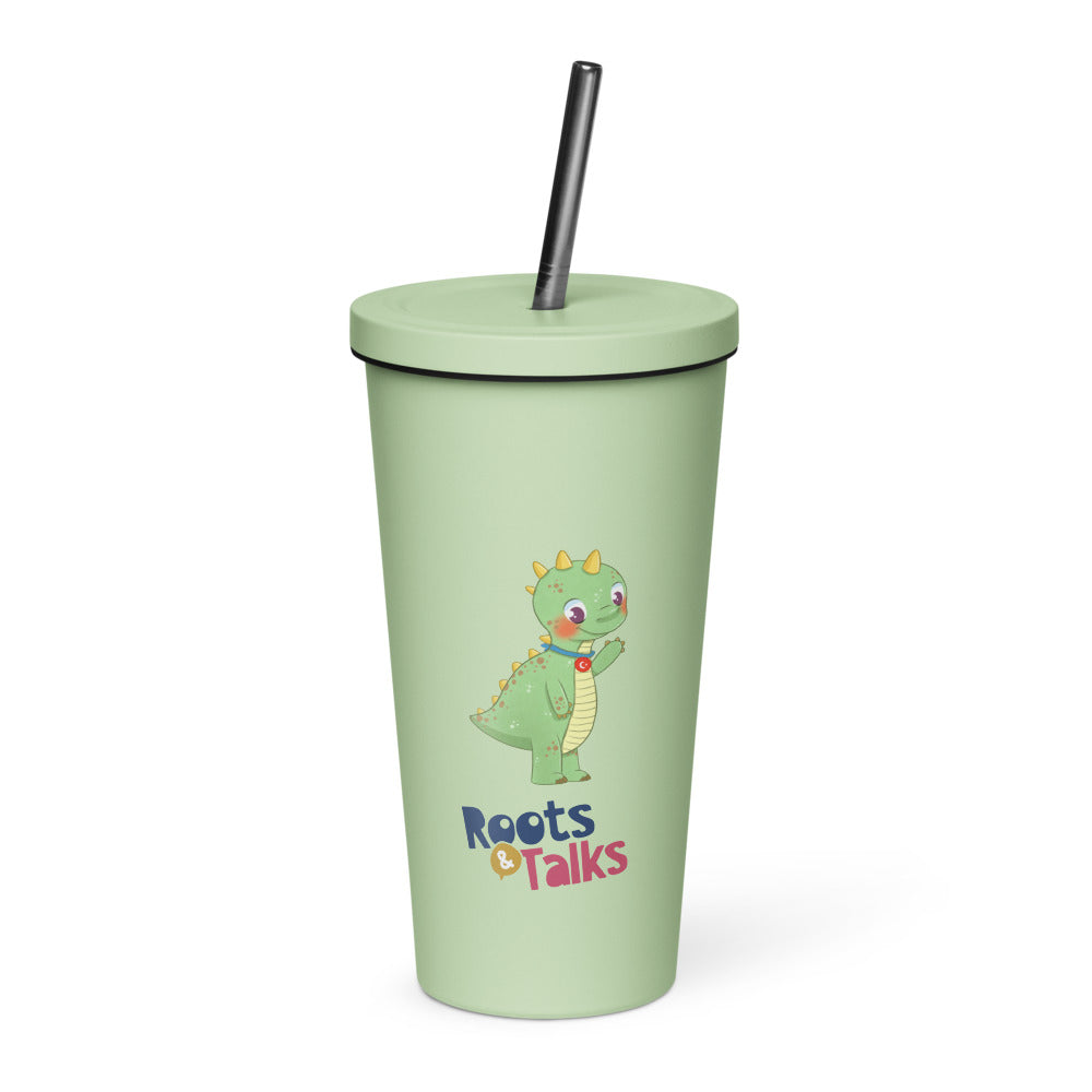 Dino Dinosaur Insulated Tumbler with Straw, 20 oz, Roots & Talks - Mint