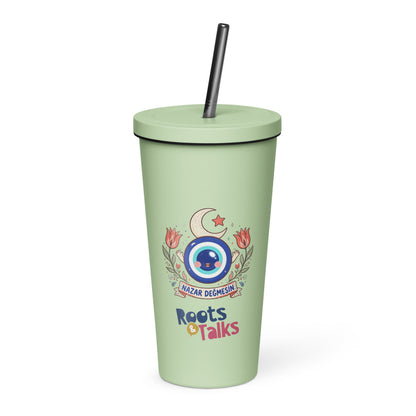 Nazar Değmesin Insulated Tumbler with Straw, 20 oz, Roots & Talks - Mint