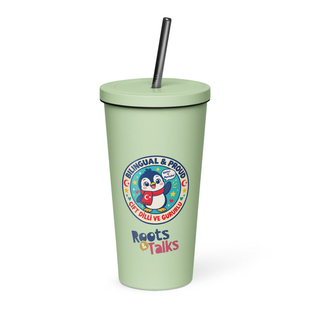 Bilingual & Proud Insulated Tumbler with Straw, 20 oz, Roots & Talks - Mint