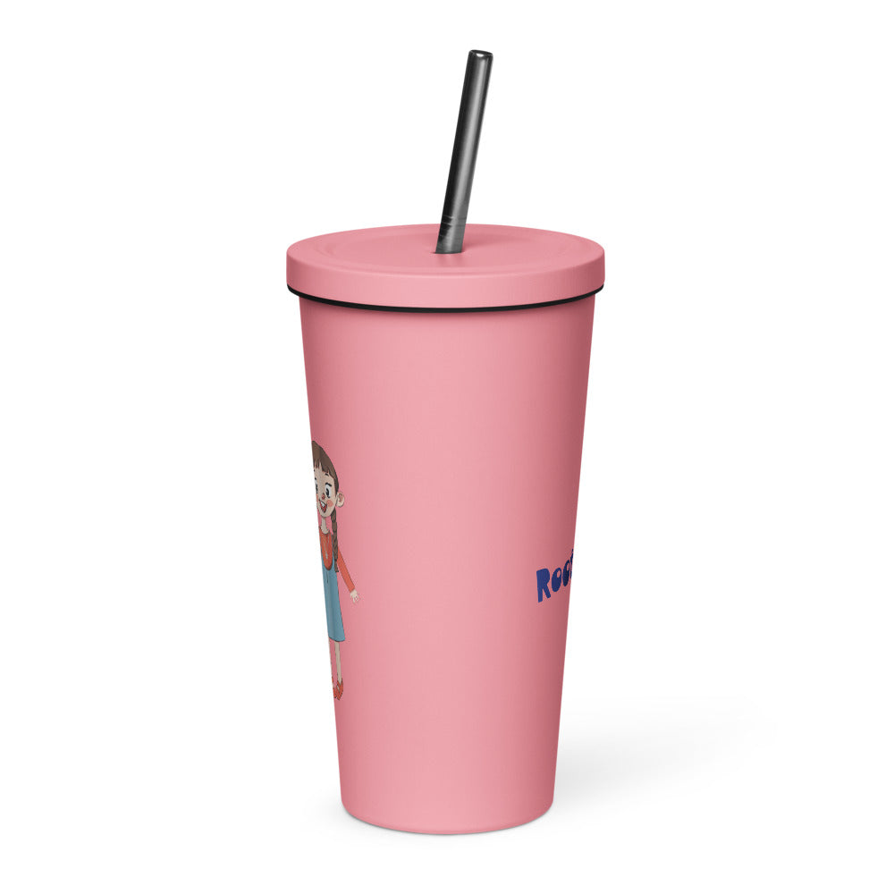 Eylül Character Insulated Tumbler with Straw, 20 oz, Roots & Talks - Pink