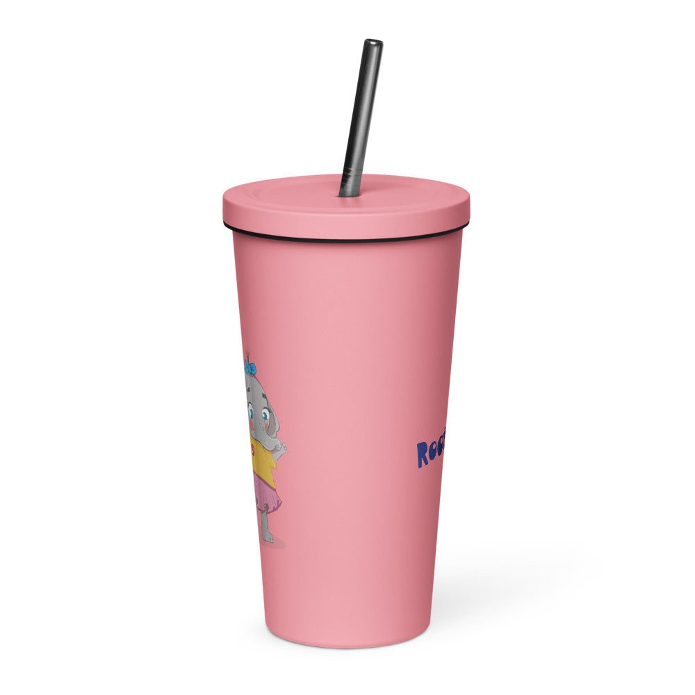 Filiz Elephant Insulated Tumbler with Straw, 20 oz, Roots & Talks - Pink