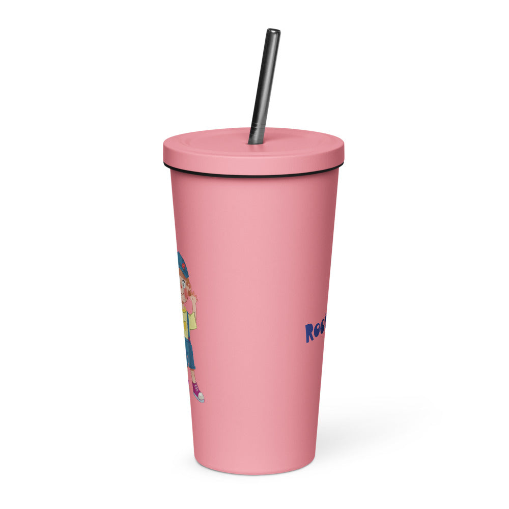 Giray Character Insulated Tumbler with Straw, 20 oz, Roots & Talks - Pink
