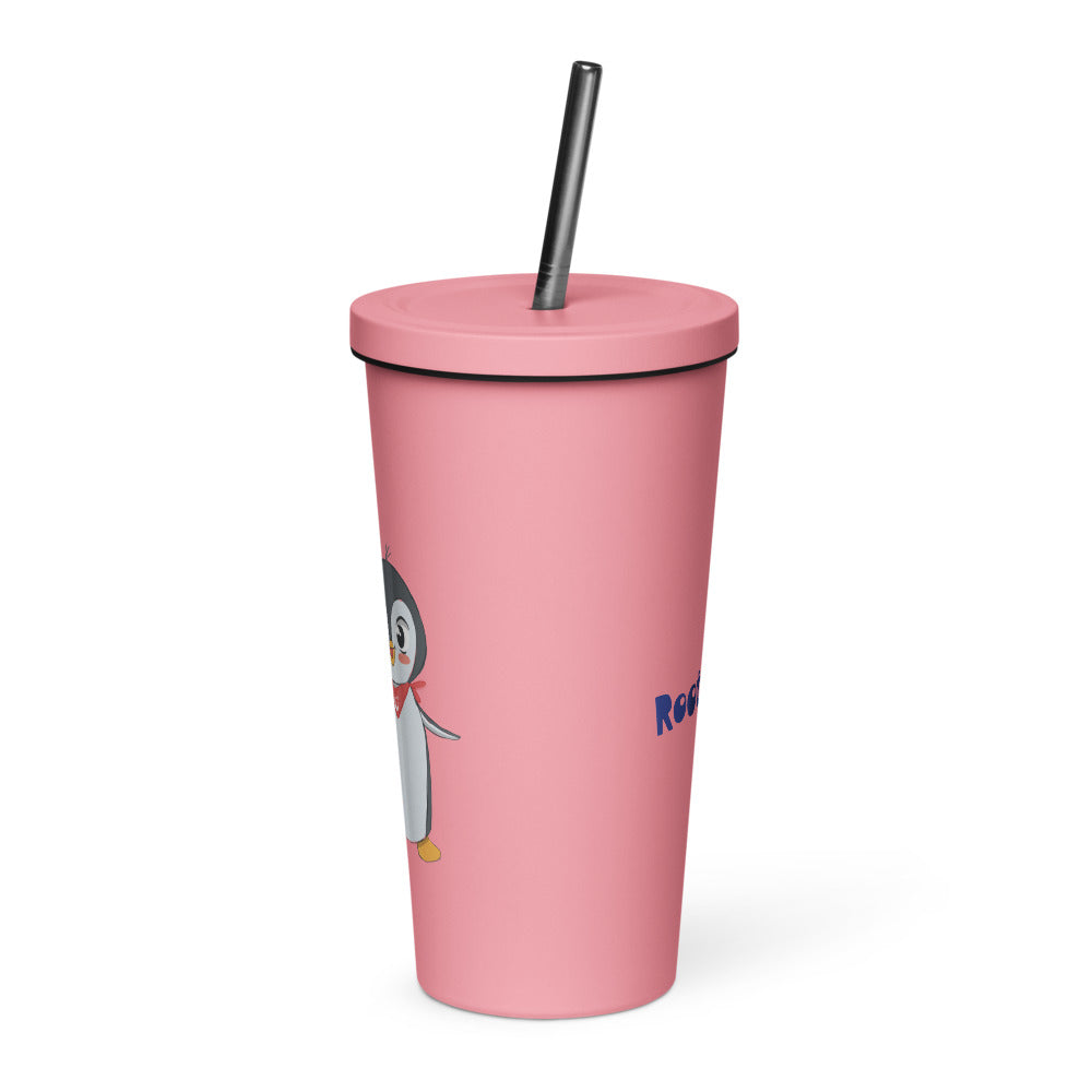 Pingucan Penguin Insulated Tumbler with Straw, 20 oz, Roots & Talks - Pink