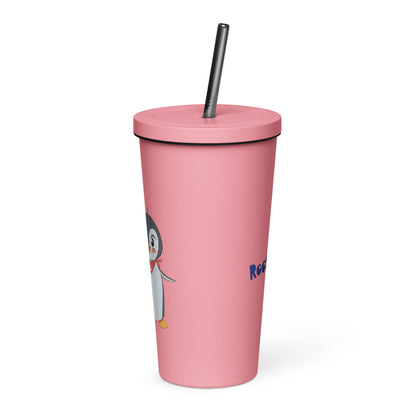 Pingucan Penguin Insulated Tumbler with Straw, 20 oz, Roots & Talks - Pink