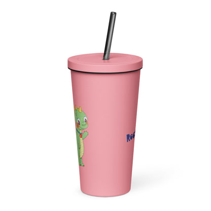 Dino Dinosaur Insulated Tumbler with Straw, 20 oz, Roots & Talks - Pink